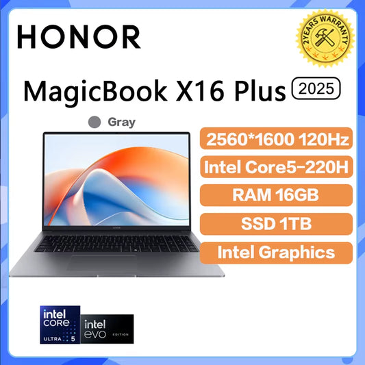 2025 Honor Magicbook X16 plus Laptop  Graphics Core5-220H 16G/32G 1T 2.5K 120Hz IPS Screen New Notebook 75Wh