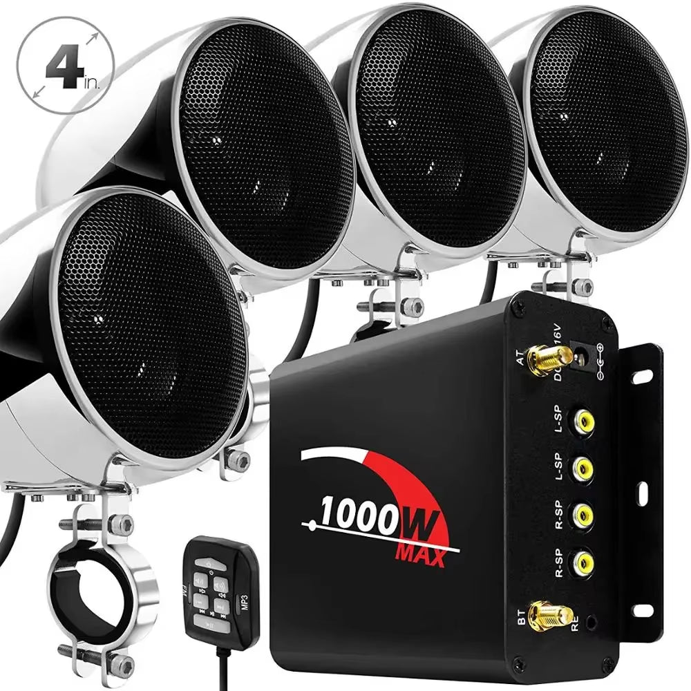 1000W Motorcycle Audio 4CH Amplifier Boat Speakers System, Support Bluetooth, USB, AUX, FM Radio, SD Card, Wired Control