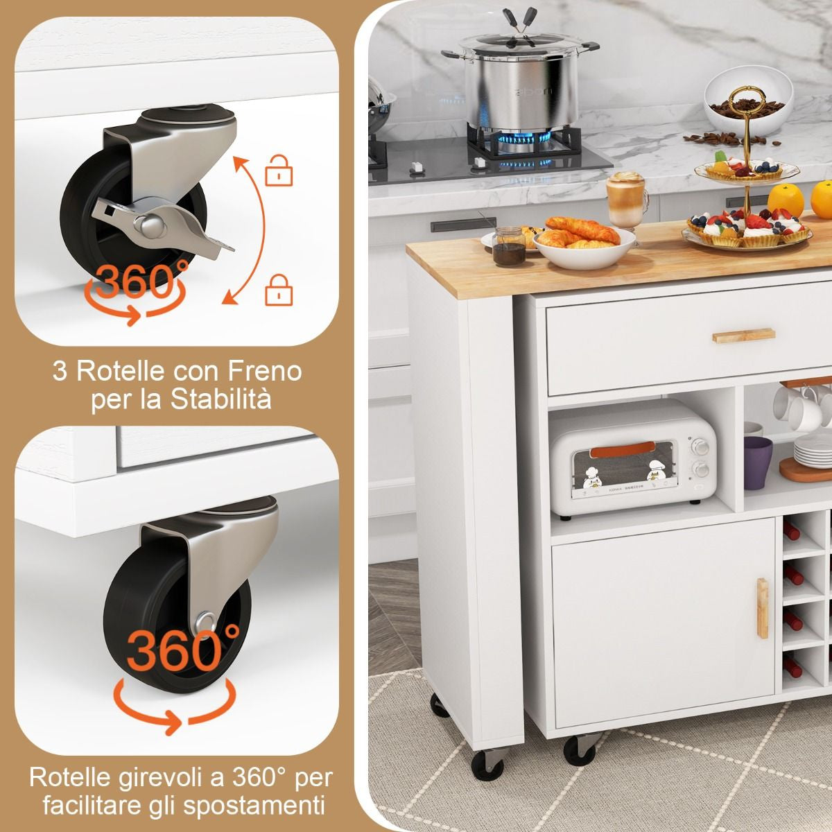 Carrello Da Cucina Con Piano in Legno Di Gomma Ripiano Regolabile Porta Calici, Mobile 2 in 1 Su Ruote Nero/Bianco