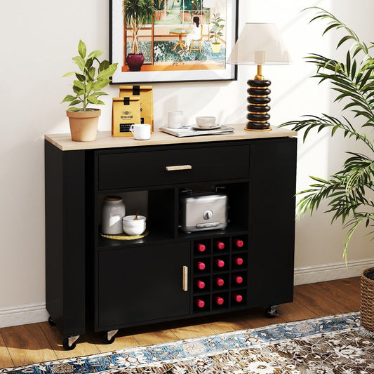Carrello Da Cucina Con Piano in Legno Di Gomma Ripiano Regolabile Porta Calici, Mobile 2 in 1 Su Ruote Nero/Bianco