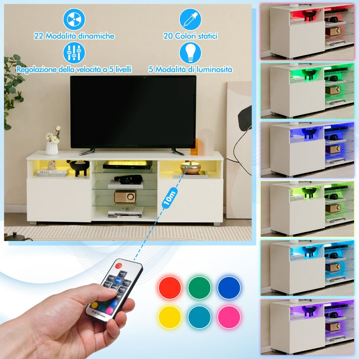 Mobile TV Moderno Con Luci LED per Televisori, Centro Multimediale Con Ripiani in Vetro Regolabili 2 Porte Bianco