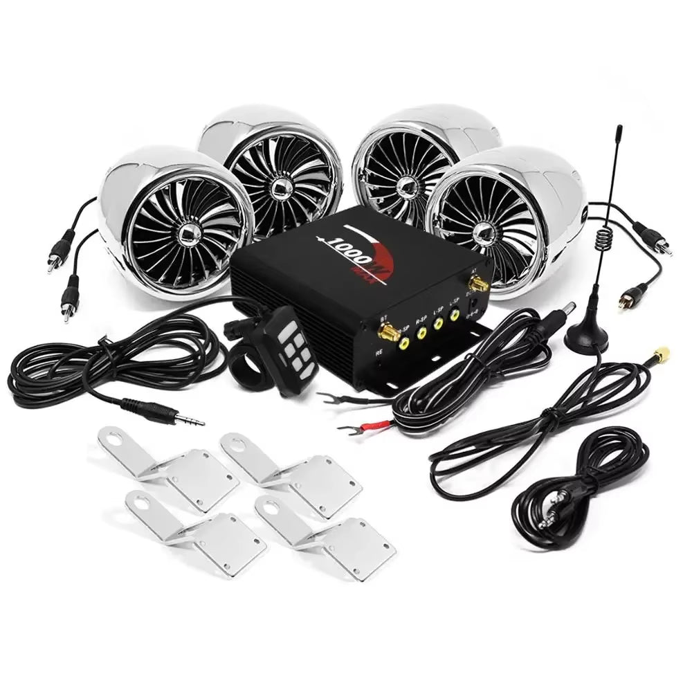1000W Motorcycle Audio 4CH Amplifier Boat Speakers System, Support Bluetooth, USB, AUX, FM Radio, SD Card, Wired Control