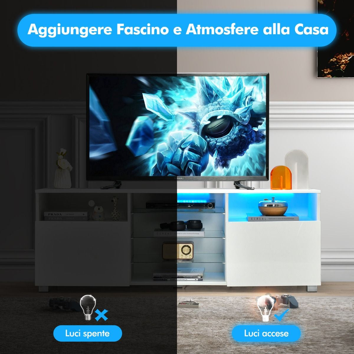 Mobile TV Moderno Con Luci LED per Televisori, Centro Multimediale Con Ripiani in Vetro Regolabili 2 Porte Bianco