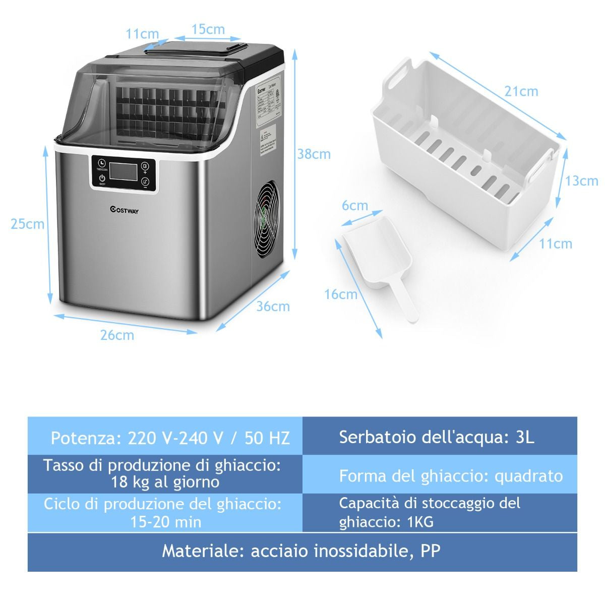 Macchina Del Ghiaccio Da Bancone Con Serbatoio Dell’Acqua, Macchina per Ghiaccio Elettrica Autopulizia Argento