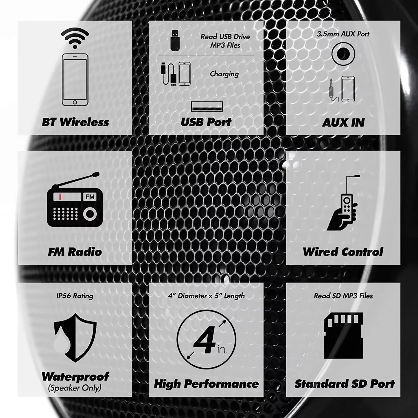 1000W Motorcycle Audio 4CH Amplifier Boat Speakers System, Support Bluetooth, USB, AUX, FM Radio, SD Card, Wired Control