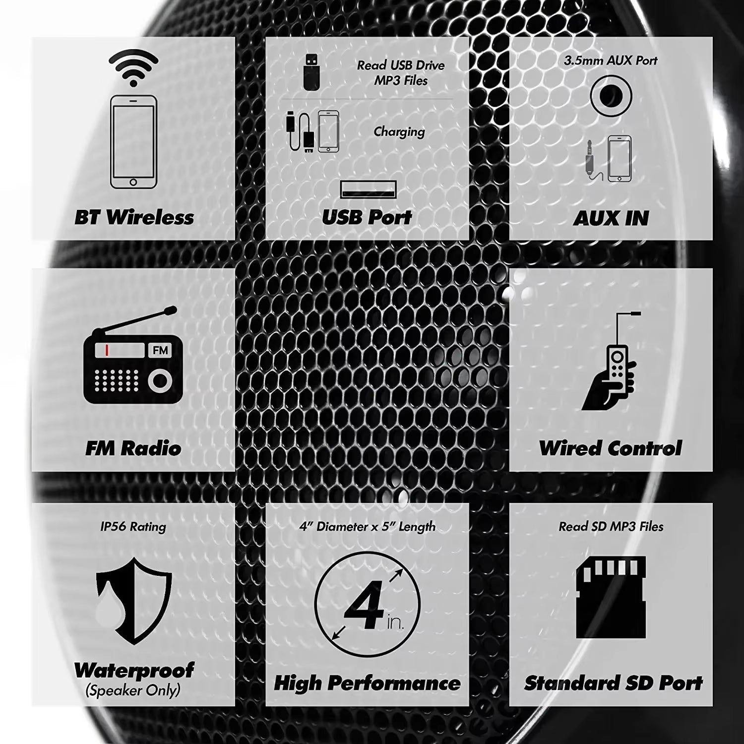 1000W Motorcycle Audio 4CH Amplifier Boat Speakers System, Support Bluetooth, USB, AUX, FM Radio, SD Card, Wired Control