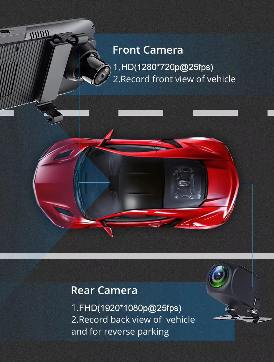 9.66" Car Rearview Mirror 4G Android GPS Dash Cam FHD 1080P Video Recorder Dual Camera DVR Wifi App Remote Monitoring