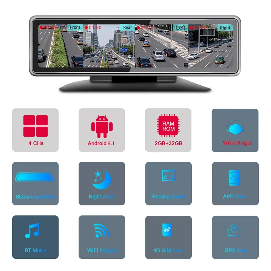 4 Cameras 4G Android 8.1 Car Dash Cam GPS Navigation HD 720P Video Recorder Dashboard DVR Wifi App Remote Monitoring
