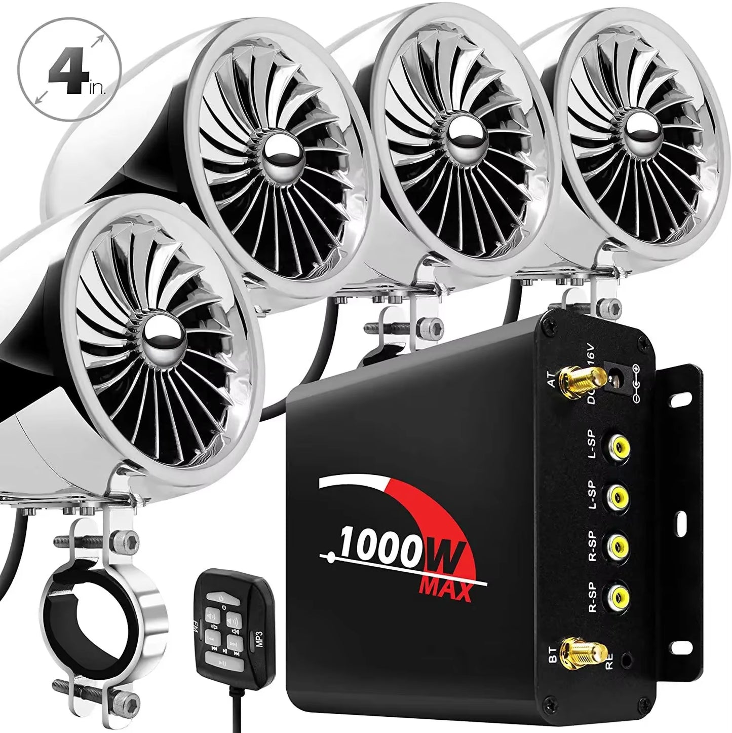 1000W Motorcycle Audio 4CH Amplifier Boat Speakers System, Support Bluetooth, USB, AUX, FM Radio, SD Card, Wired Control