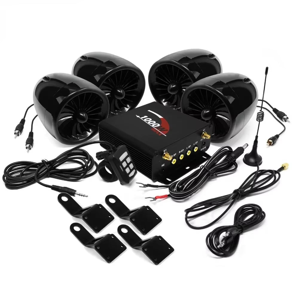 1000W Motorcycle Audio 4CH Amplifier Boat Speakers System, Support Bluetooth, USB, AUX, FM Radio, SD Card, Wired Control