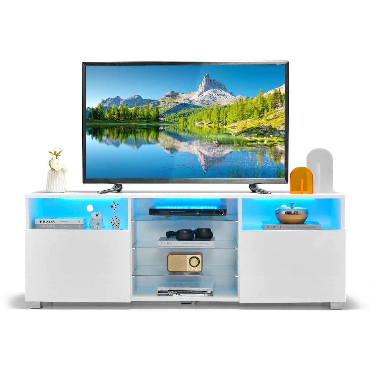Mobile TV Moderno Con Luci LED per Televisori, Centro Multimediale Con Ripiani in Vetro Regolabili 2 Porte Bianco