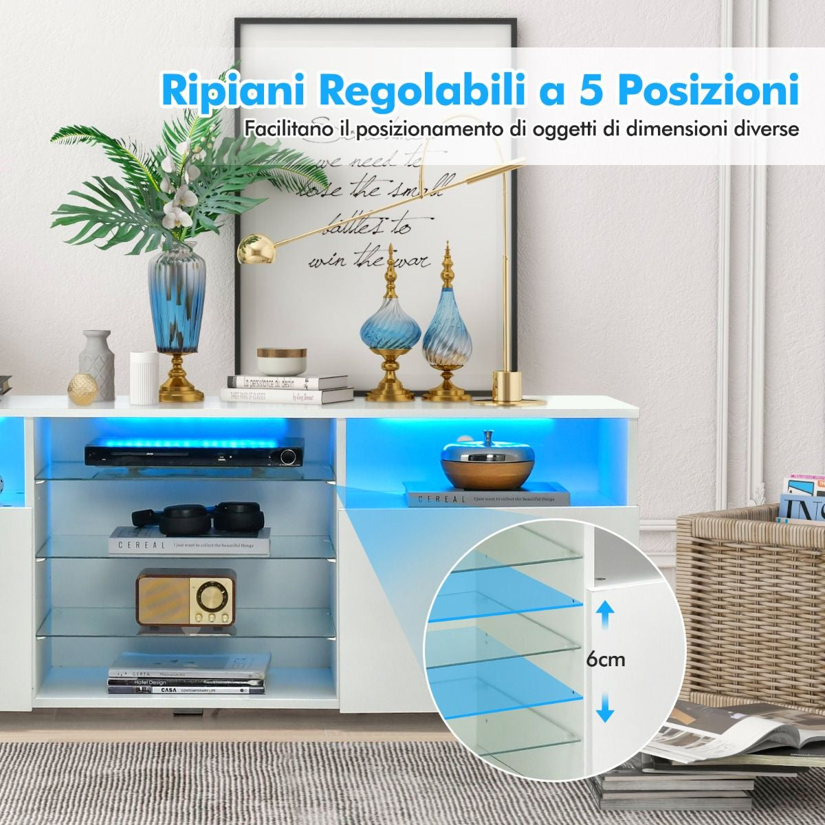 Mobile TV Moderno Con Luci LED per Televisori, Centro Multimediale Con Ripiani in Vetro Regolabili 2 Porte Bianco