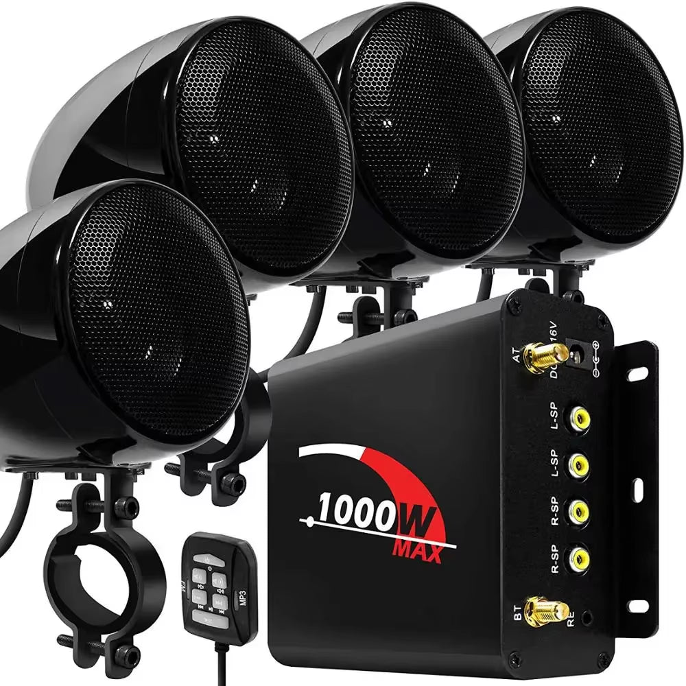 1000W Motorcycle Audio 4CH Amplifier Boat Speakers System, Support Bluetooth, USB, AUX, FM Radio, SD Card, Wired Control