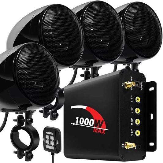 1000W Motorcycle Audio 4CH Amplifier Boat Speakers System, Support Bluetooth, USB, AUX, FM Radio, SD Card, Wired Control