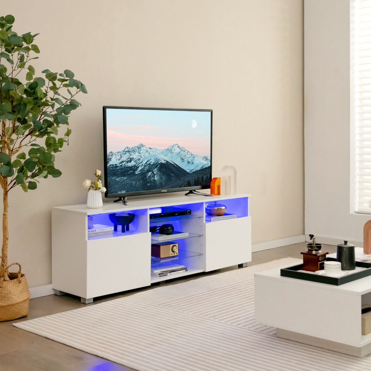 Mobile TV Moderno Con Luci LED per Televisori, Centro Multimediale Con Ripiani in Vetro Regolabili 2 Porte Bianco