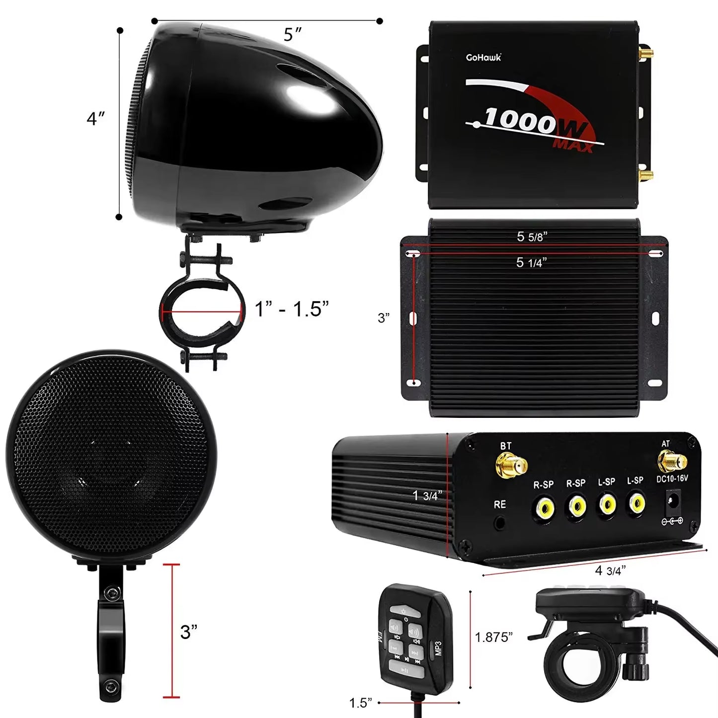 1000W Motorcycle Audio 4CH Amplifier Boat Speakers System, Support Bluetooth, USB, AUX, FM Radio, SD Card, Wired Control