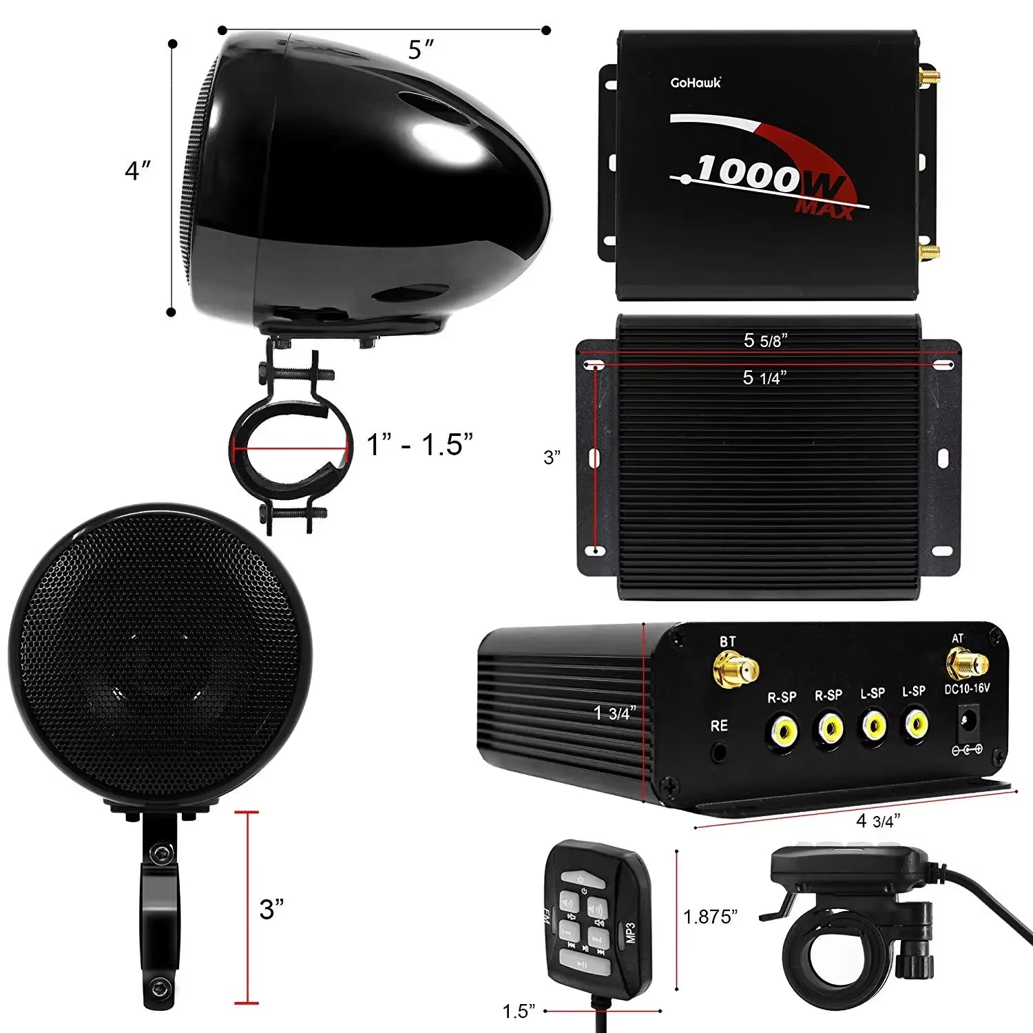 1000W Motorcycle Audio 4CH Amplifier Boat Speakers System, Support Bluetooth, USB, AUX, FM Radio, SD Card, Wired Control