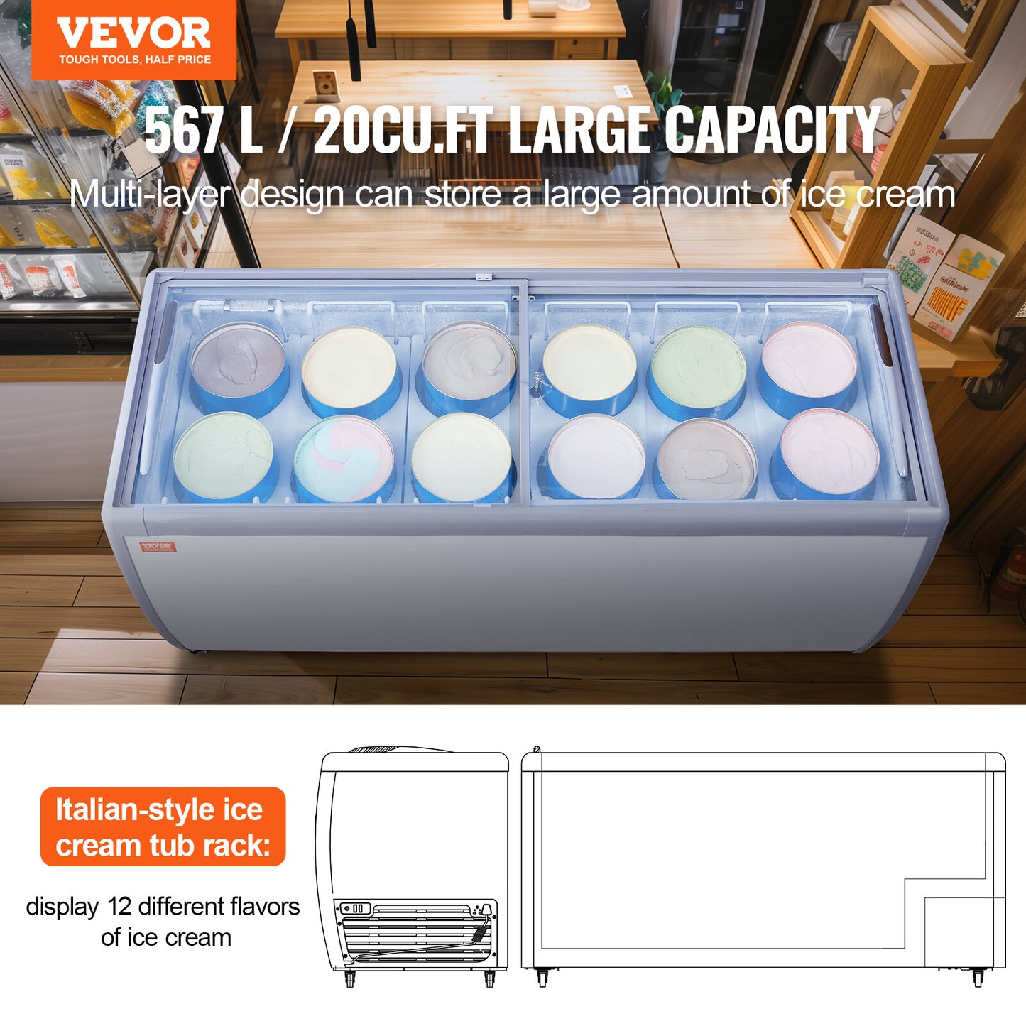 VEVOR Vetrina Gelato Commerciale 1800 X 715 X 880 Mm Vetrina per Gelato 567 L