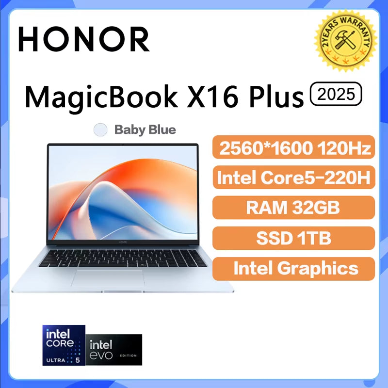 2025 Honor Magicbook X16 plus Laptop  Graphics Core5-220H 16G/32G 1T 2.5K 120Hz IPS Screen New Notebook 75Wh