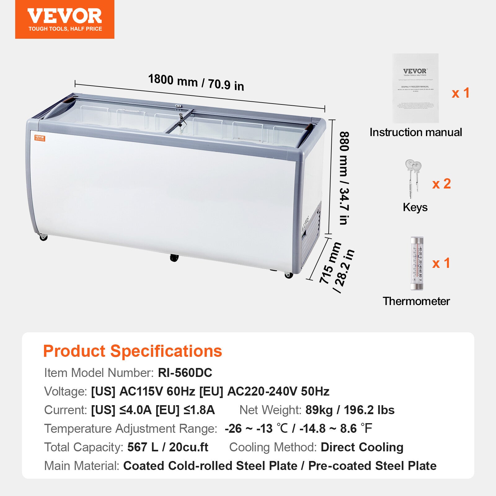 VEVOR Vetrina Gelato Commerciale 1800 X 715 X 880 Mm Vetrina per Gelato 567 L