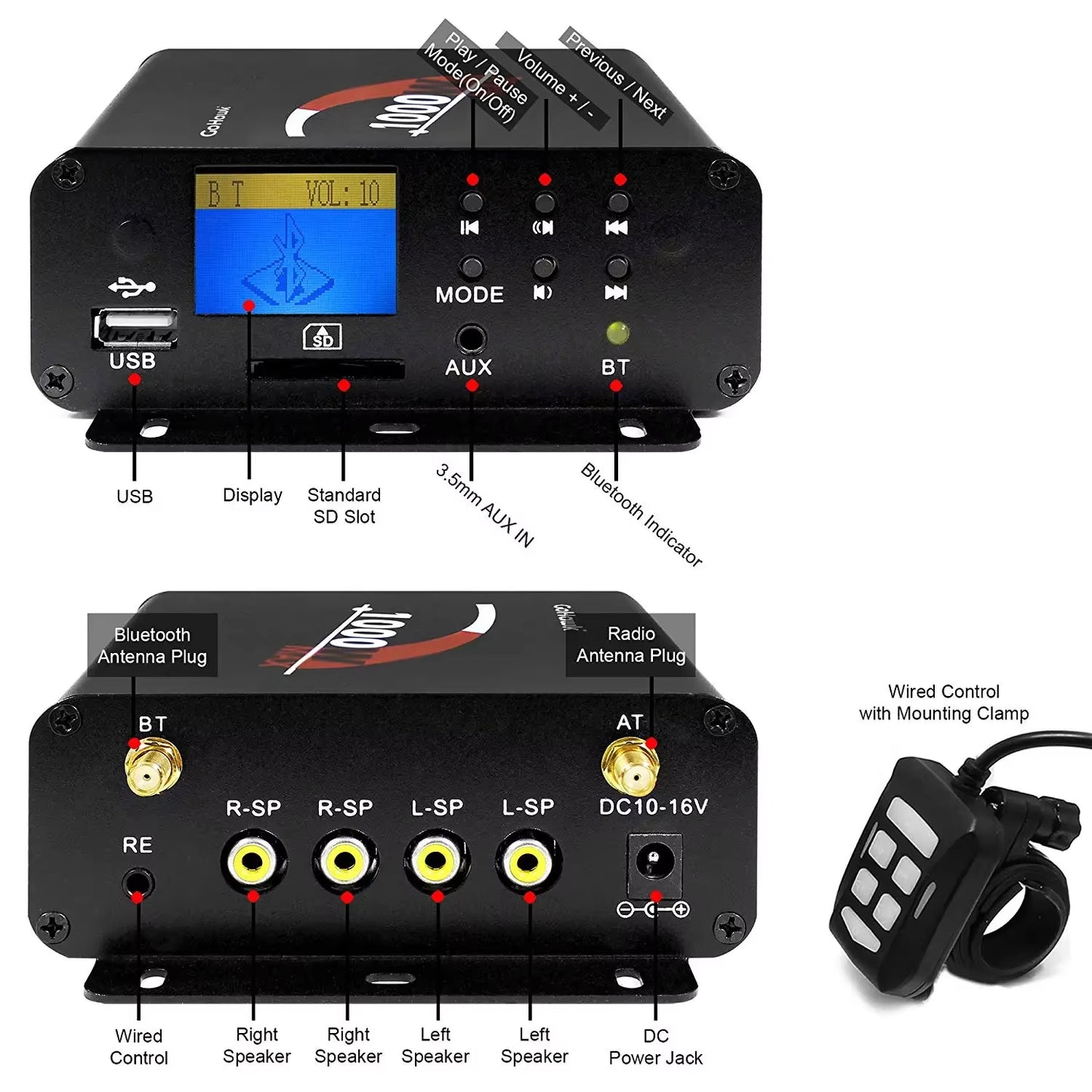1000W Motorcycle Audio 4CH Amplifier Boat Speakers System, Support Bluetooth, USB, AUX, FM Radio, SD Card, Wired Control