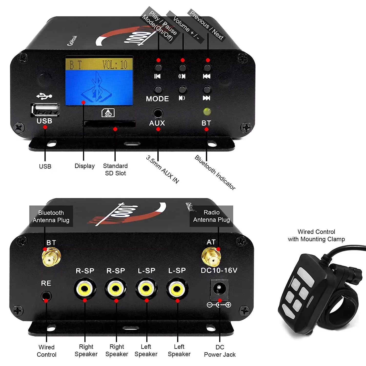 1000W Motorcycle Audio 4CH Amplifier Boat Speakers System, Support Bluetooth, USB, AUX, FM Radio, SD Card, Wired Control
