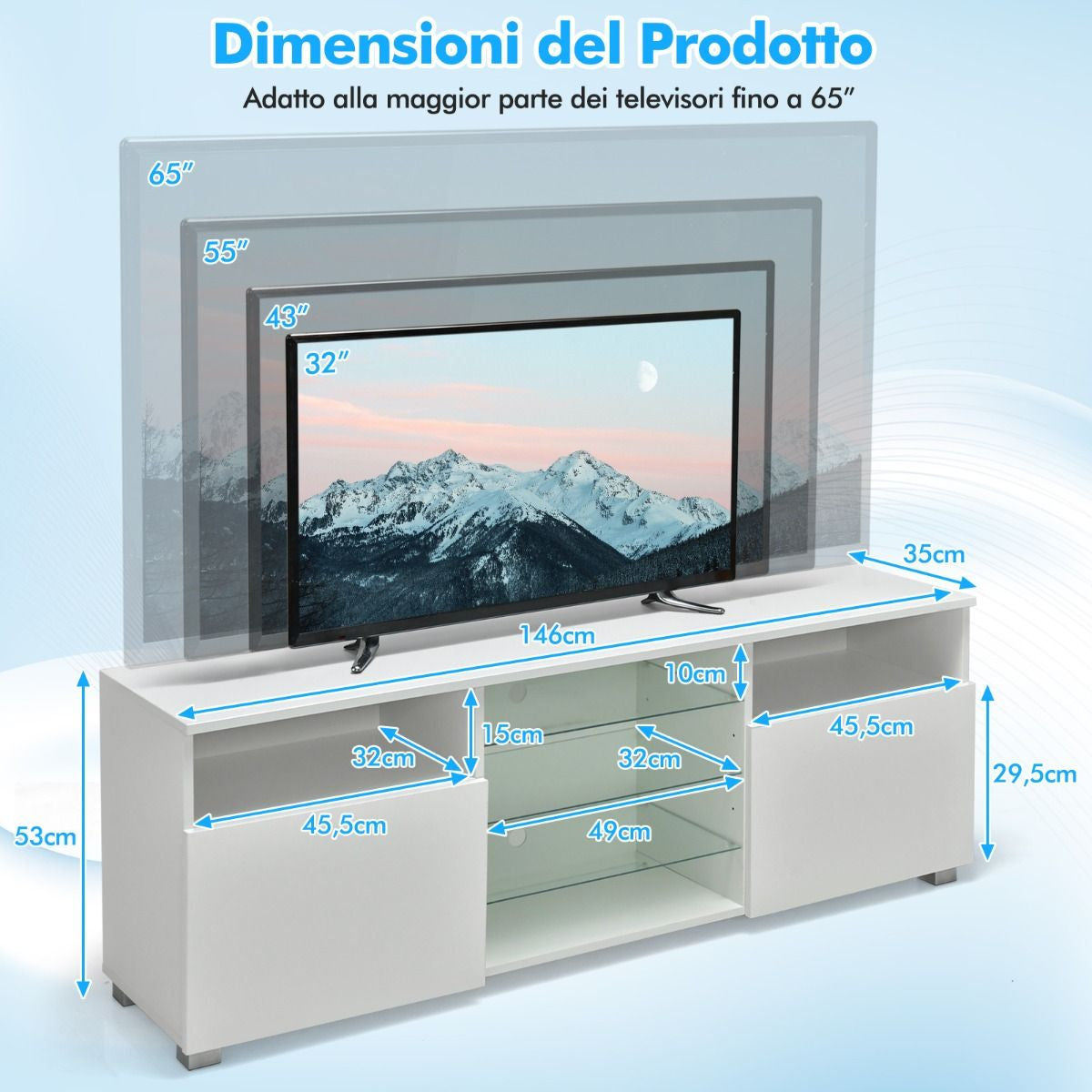 Mobile TV Moderno Con Luci LED per Televisori, Centro Multimediale Con Ripiani in Vetro Regolabili 2 Porte Bianco