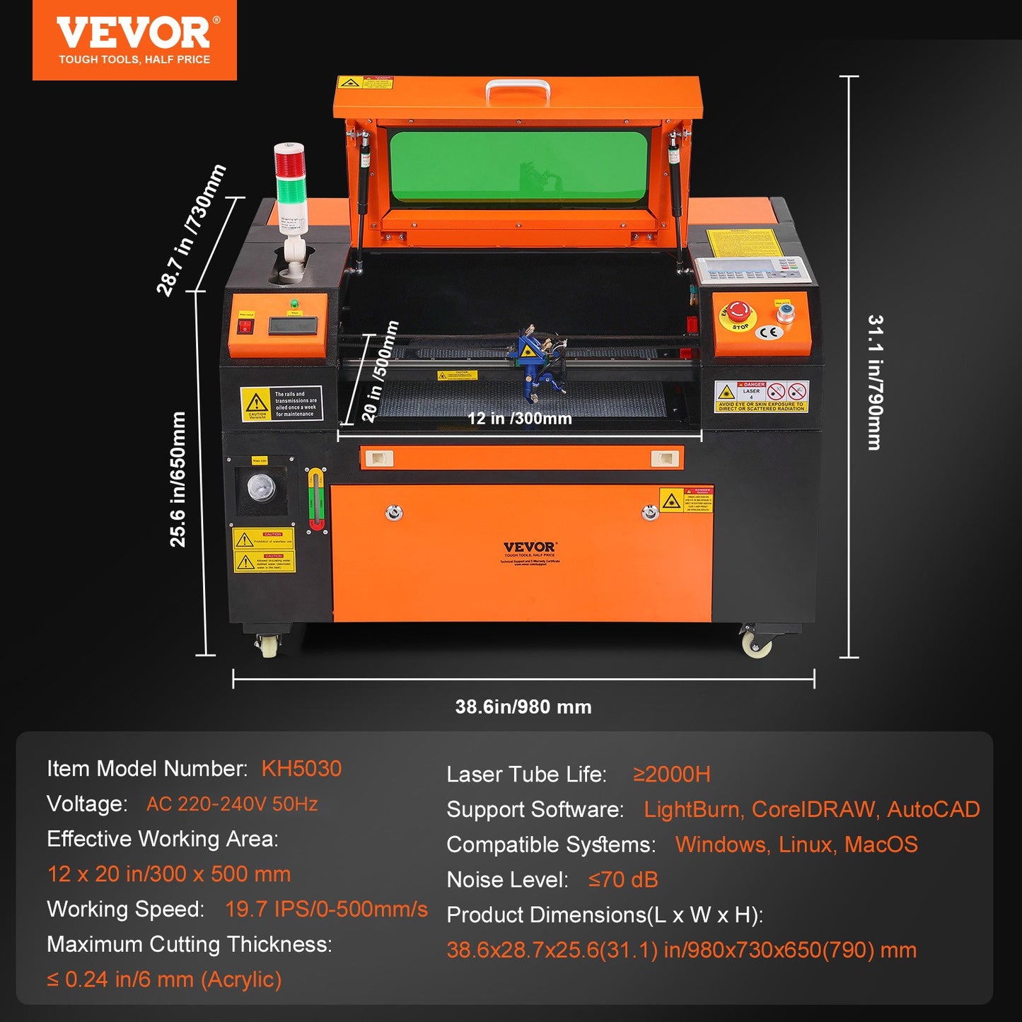 VEVOR Macchina Incisione Laser Compatta Stampante CO2 50W Piano Lavoro 30X50 Cm