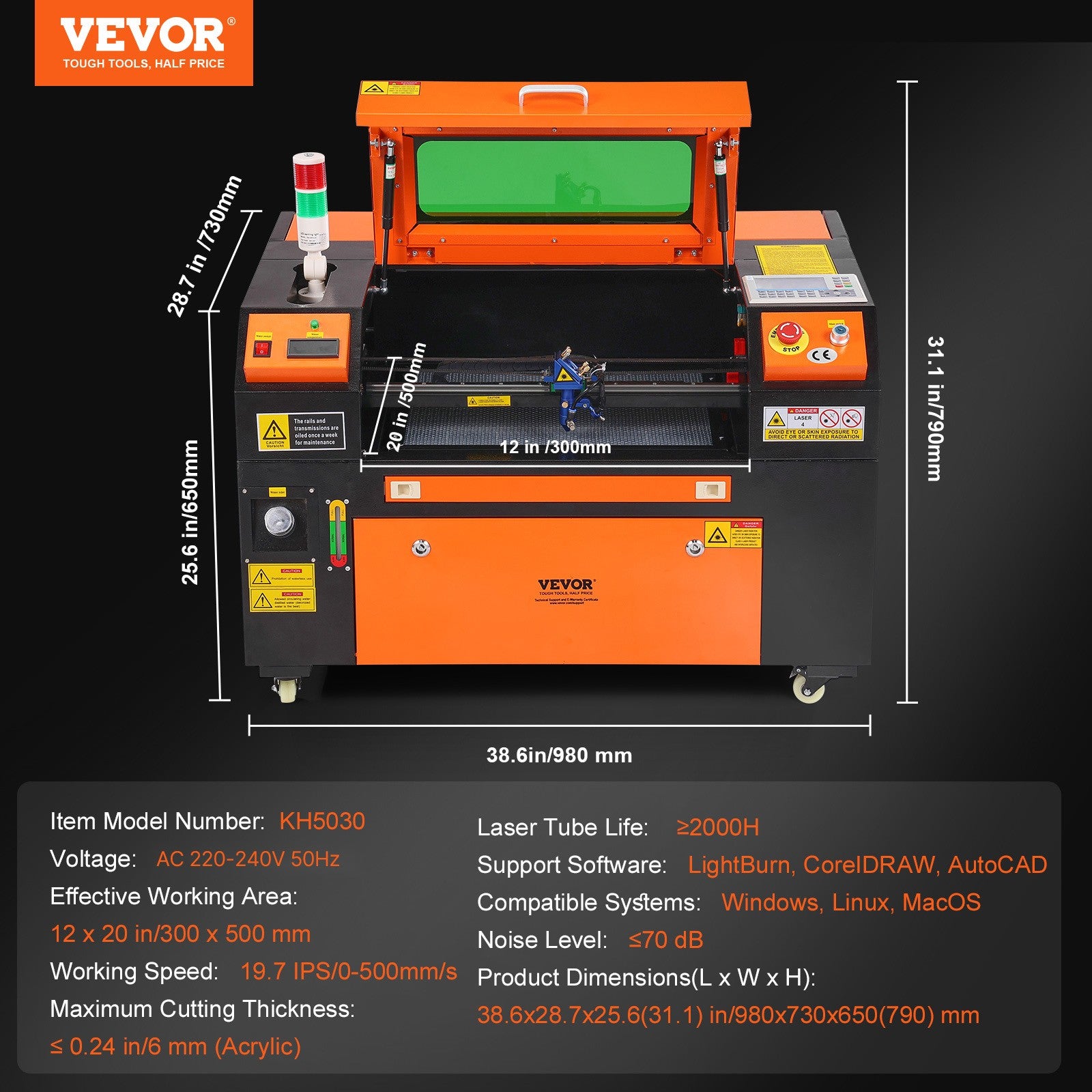 VEVOR Macchina Incisione Laser Compatta Stampante CO2 50W Piano Lavoro 30X50 Cm