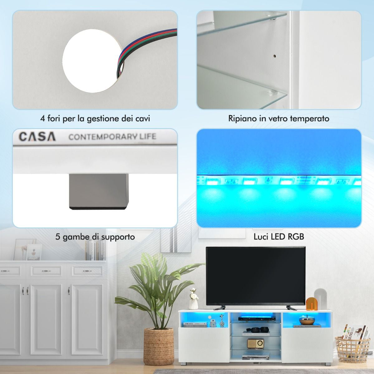 Mobile TV Moderno Con Luci LED per Televisori, Centro Multimediale Con Ripiani in Vetro Regolabili 2 Porte Bianco