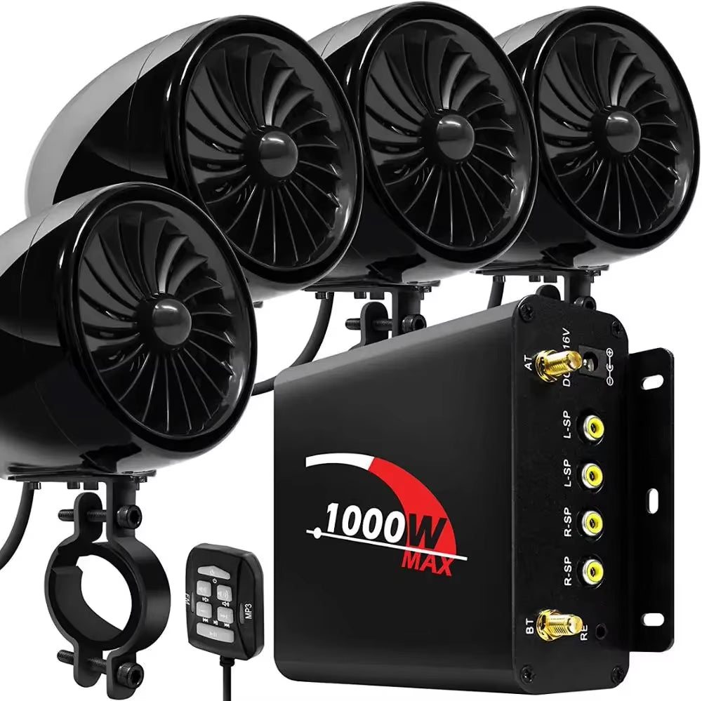 1000W Motorcycle Audio 4CH Amplifier Boat Speakers System, Support Bluetooth, USB, AUX, FM Radio, SD Card, Wired Control