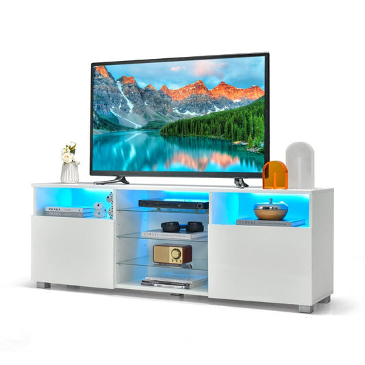Mobile TV Moderno Con Luci LED per Televisori, Centro Multimediale Con Ripiani in Vetro Regolabili 2 Porte Bianco