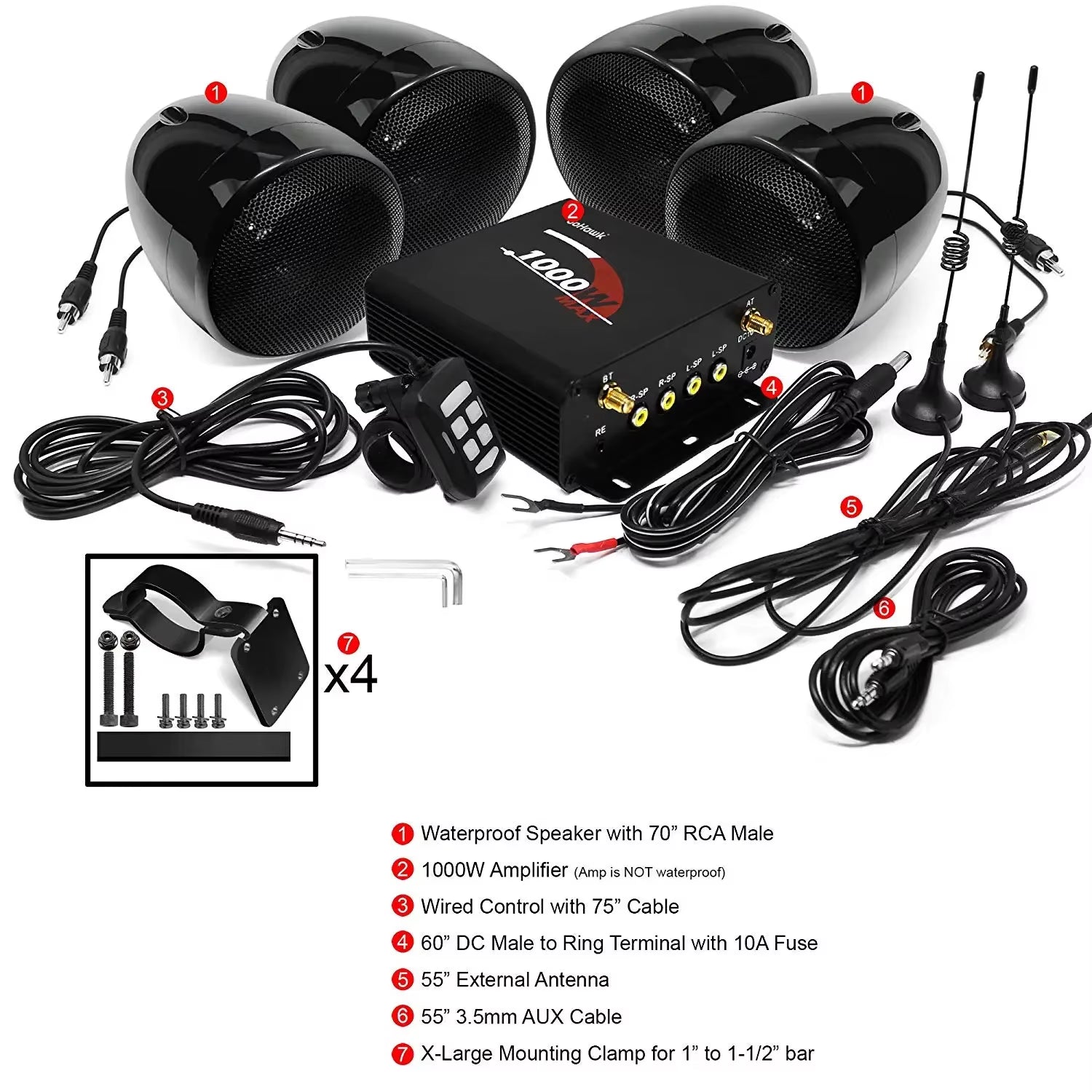 1000W Motorcycle Audio 4CH Amplifier Boat Speakers System, Support Bluetooth, USB, AUX, FM Radio, SD Card, Wired Control