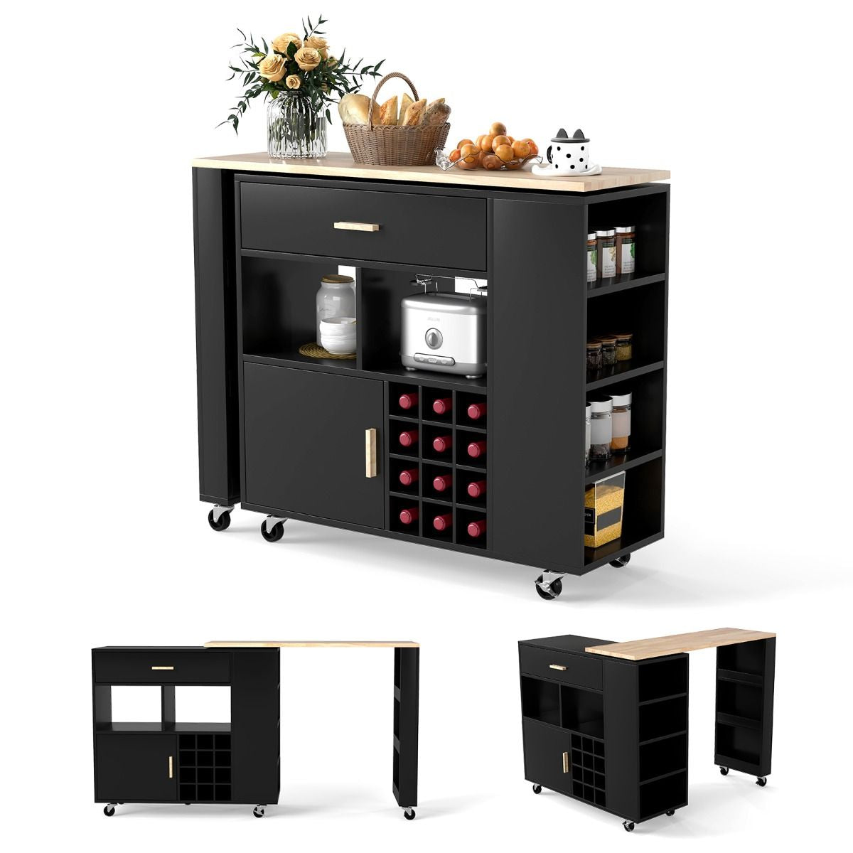 Carrello Da Cucina Con Piano in Legno Di Gomma Ripiano Regolabile Porta Calici, Mobile 2 in 1 Su Ruote Nero/Bianco