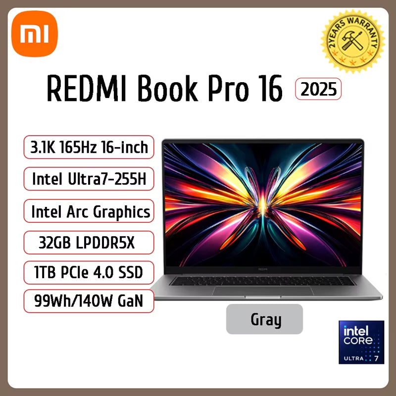 2025 New Xiaomi REDMI Book Pro 16 Laptop Ultra5-225H Ultra7-255H/32Gb/1Tb 2.5K/3.1K/120Hz Notebook