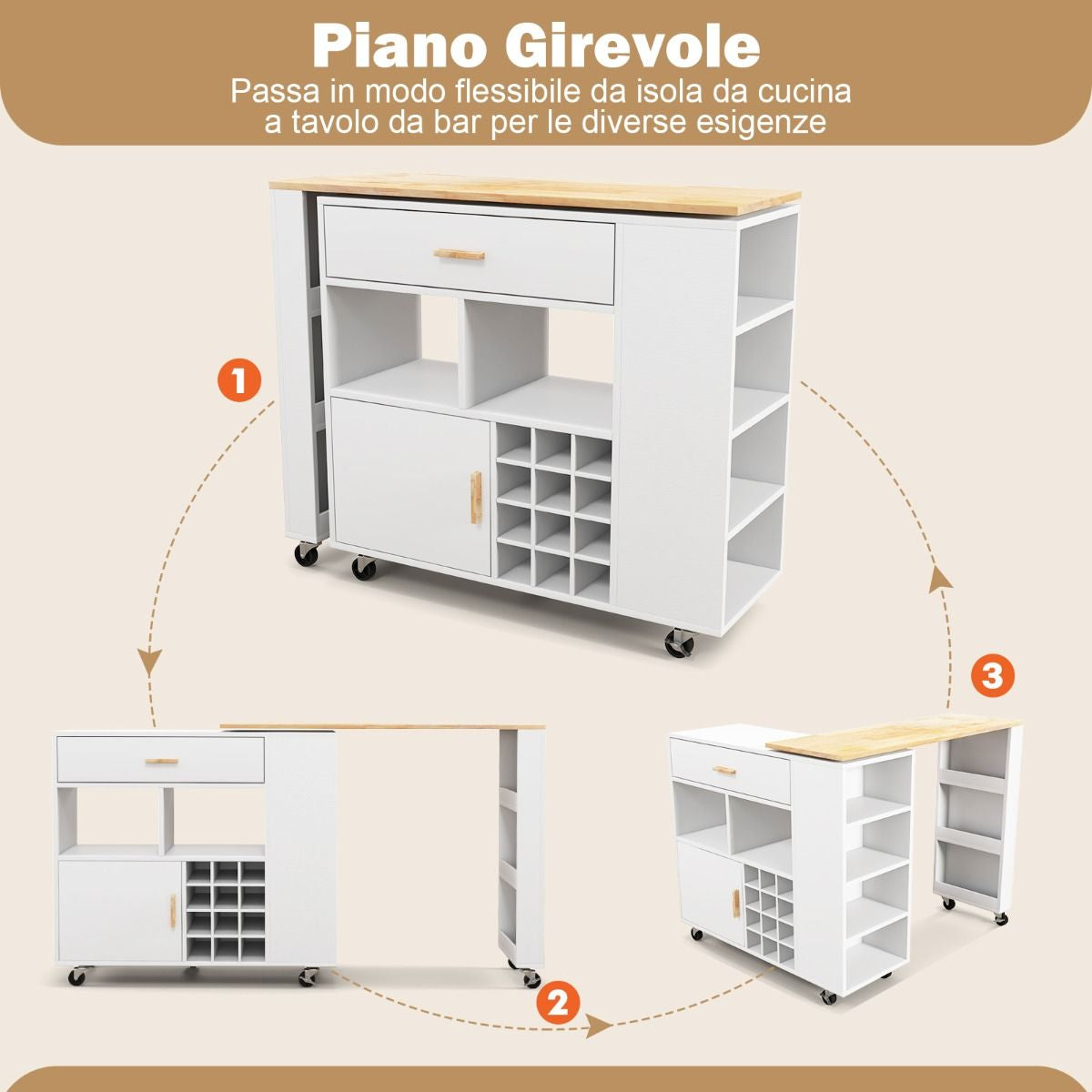 Carrello Da Cucina Con Piano in Legno Di Gomma Ripiano Regolabile Porta Calici, Mobile 2 in 1 Su Ruote Nero/Bianco