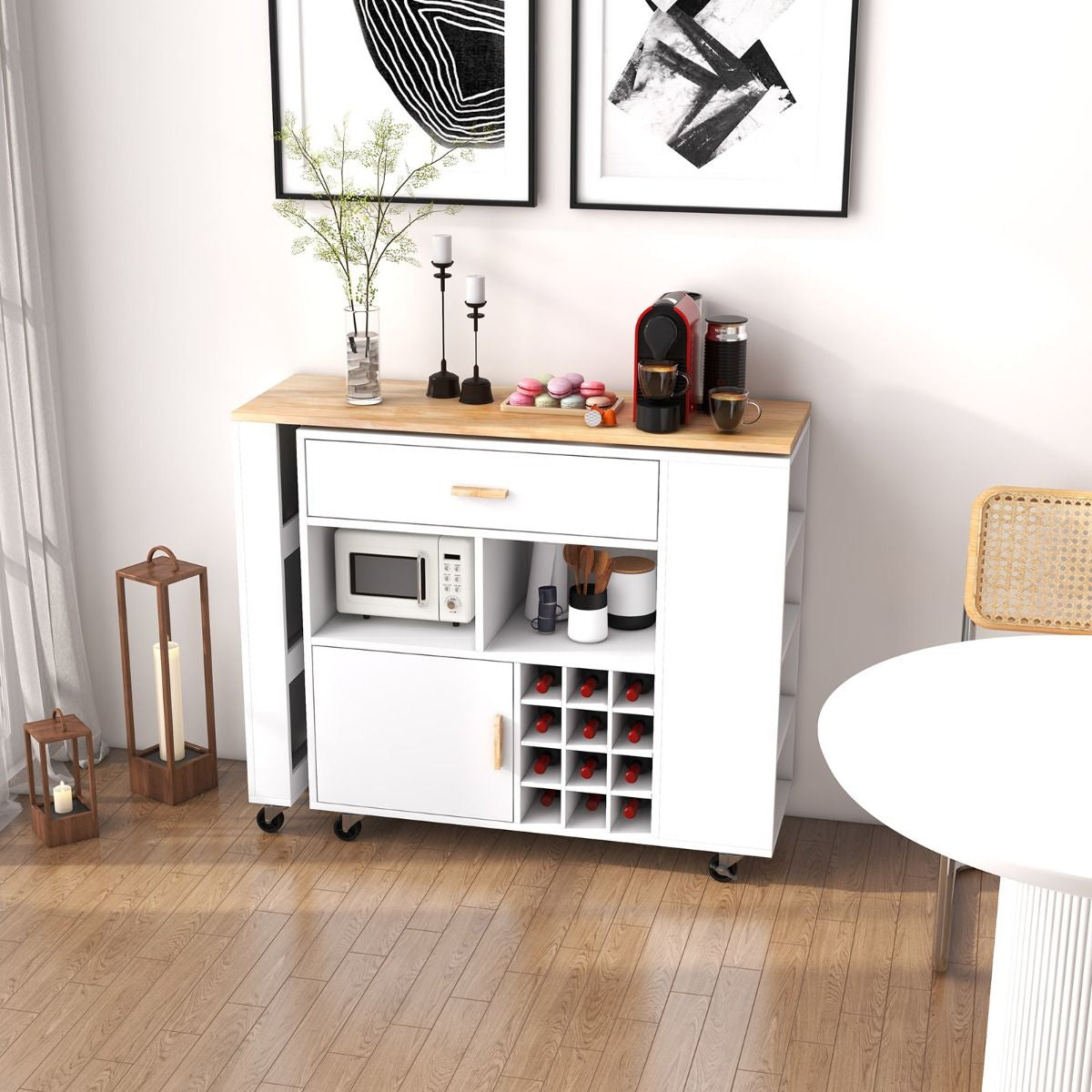 Carrello Da Cucina Con Piano in Legno Di Gomma Ripiano Regolabile Porta Calici, Mobile 2 in 1 Su Ruote Nero/Bianco