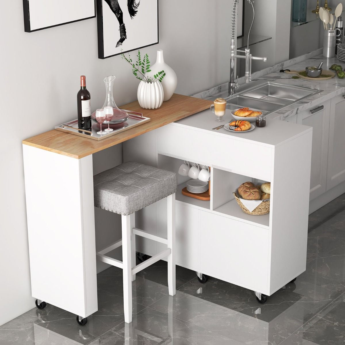 Carrello Da Cucina Con Piano in Legno Di Gomma Ripiano Regolabile Porta Calici, Mobile 2 in 1 Su Ruote Nero/Bianco