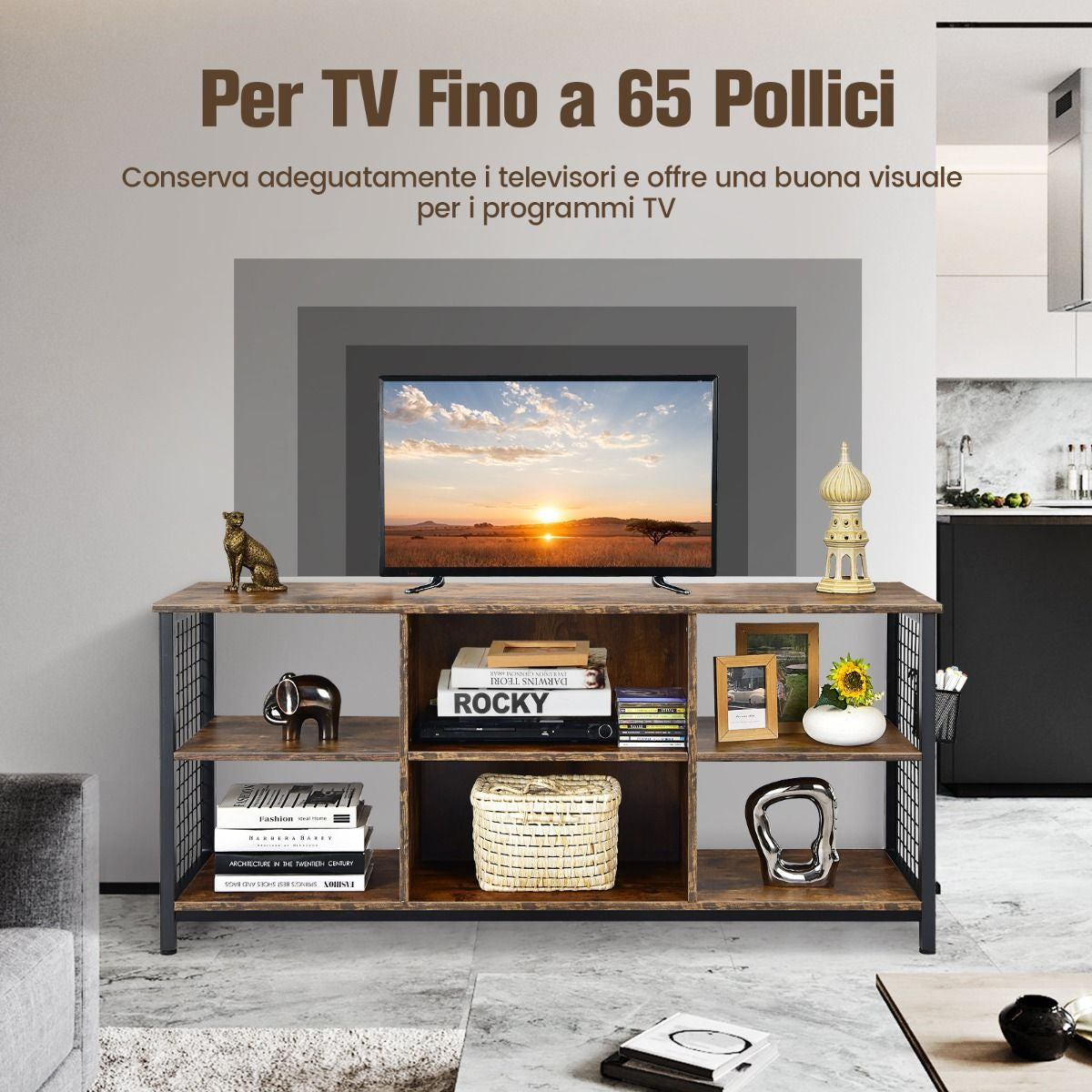 Supporto TV Industriale Con Cesto Portaoggetti 2 Fori per La Gestione Dei Cavi, Tavolo Multimediale a 3 Ripiani Marrone