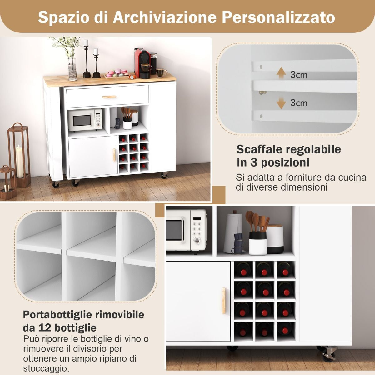 Carrello Da Cucina Con Piano in Legno Di Gomma Ripiano Regolabile Porta Calici, Mobile 2 in 1 Su Ruote Nero/Bianco