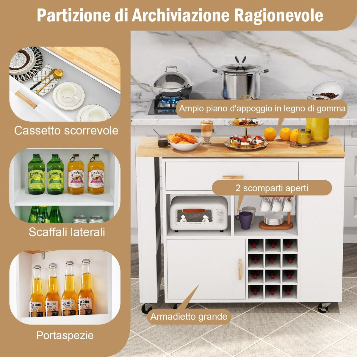 Carrello Da Cucina Con Piano in Legno Di Gomma Ripiano Regolabile Porta Calici, Mobile 2 in 1 Su Ruote Nero/Bianco
