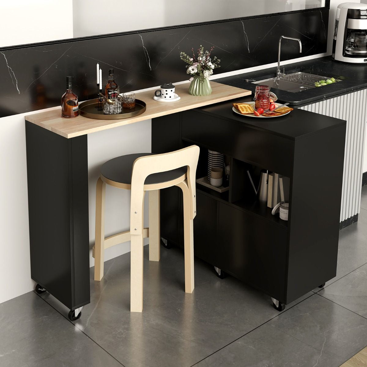 Carrello Da Cucina Con Piano in Legno Di Gomma Ripiano Regolabile Porta Calici, Mobile 2 in 1 Su Ruote Nero/Bianco