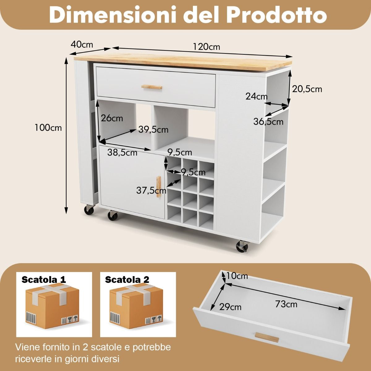 Carrello Da Cucina Con Piano in Legno Di Gomma Ripiano Regolabile Porta Calici, Mobile 2 in 1 Su Ruote Nero/Bianco