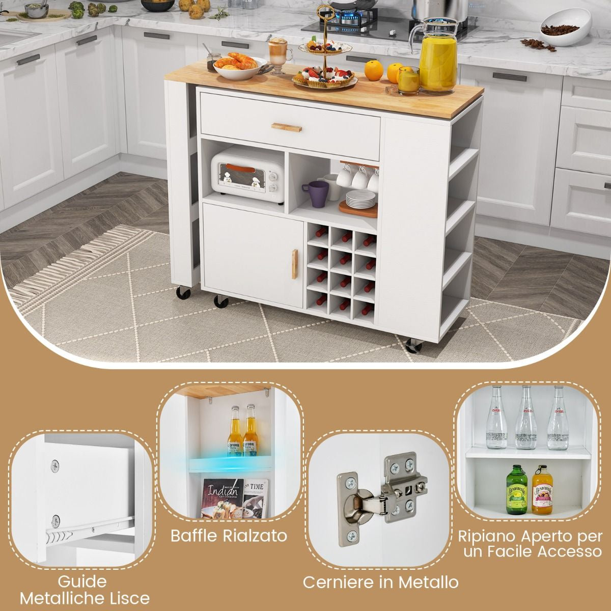 Carrello Da Cucina Con Piano in Legno Di Gomma Ripiano Regolabile Porta Calici, Mobile 2 in 1 Su Ruote Nero/Bianco