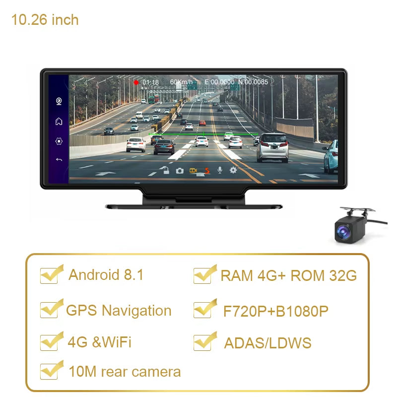 10.26 Inch Large Screen 4G Dashcam GPS Navigation Android 8.1 Car Video Recorder Registrator FHD 1080P ADAS with Free Korea Map