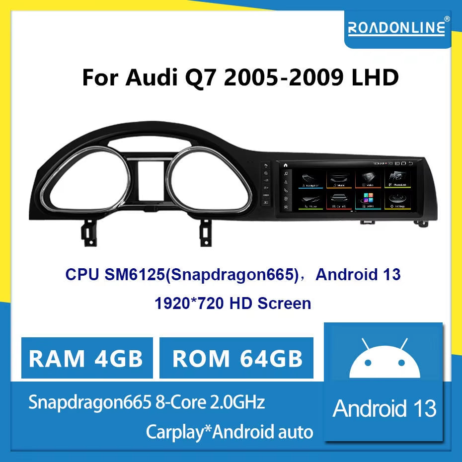 Android 13 1920*720 Octa Core 8G 256G Dvd Automotivo Car Multimedia Radio Player for Audi Q7 2005-2015 Black Silver