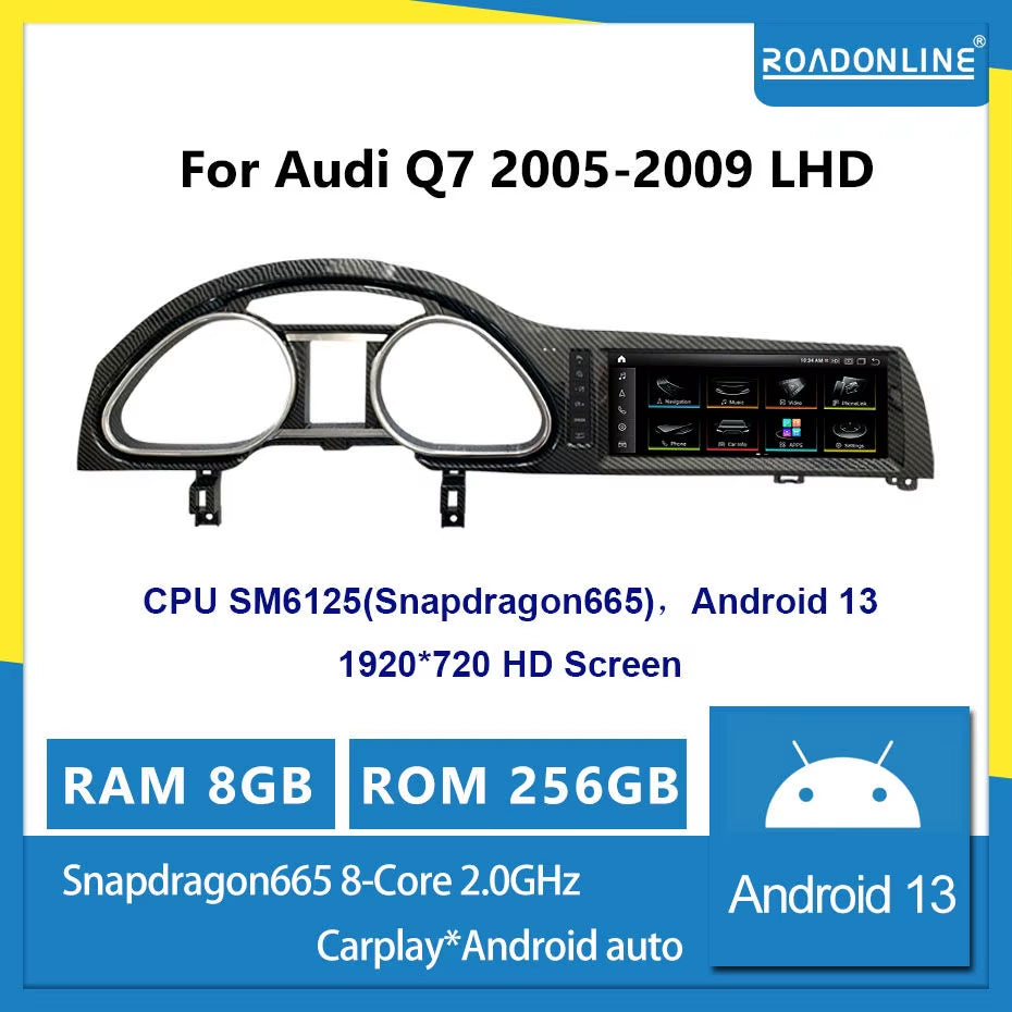 Android 13 1920*720 Octa Core 8G 256G Dvd Automotivo Car Multimedia Radio Player for Audi Q7 2005-2015 Black Silver
