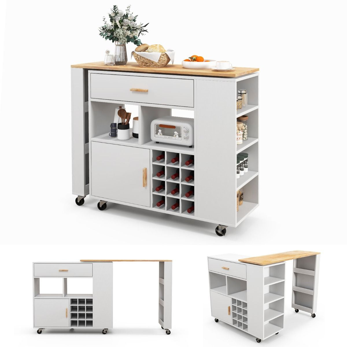 Carrello Da Cucina Con Piano in Legno Di Gomma Ripiano Regolabile Porta Calici, Mobile 2 in 1 Su Ruote Nero/Bianco