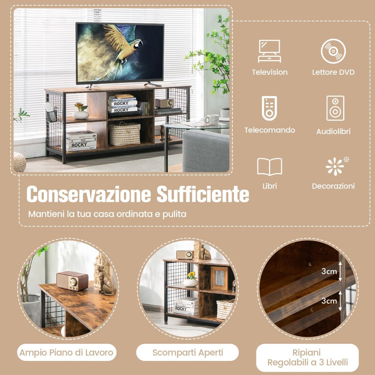 Supporto TV Industriale Con Cesto Portaoggetti 2 Fori per La Gestione Dei Cavi, Tavolo Multimediale a 3 Ripiani Marrone
